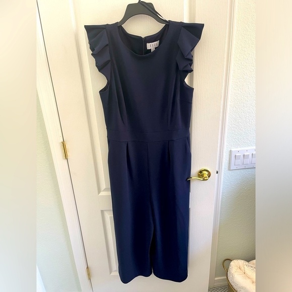 Navy one piece pantsuit with ruffle sleeves, large - Picture 2 of 9